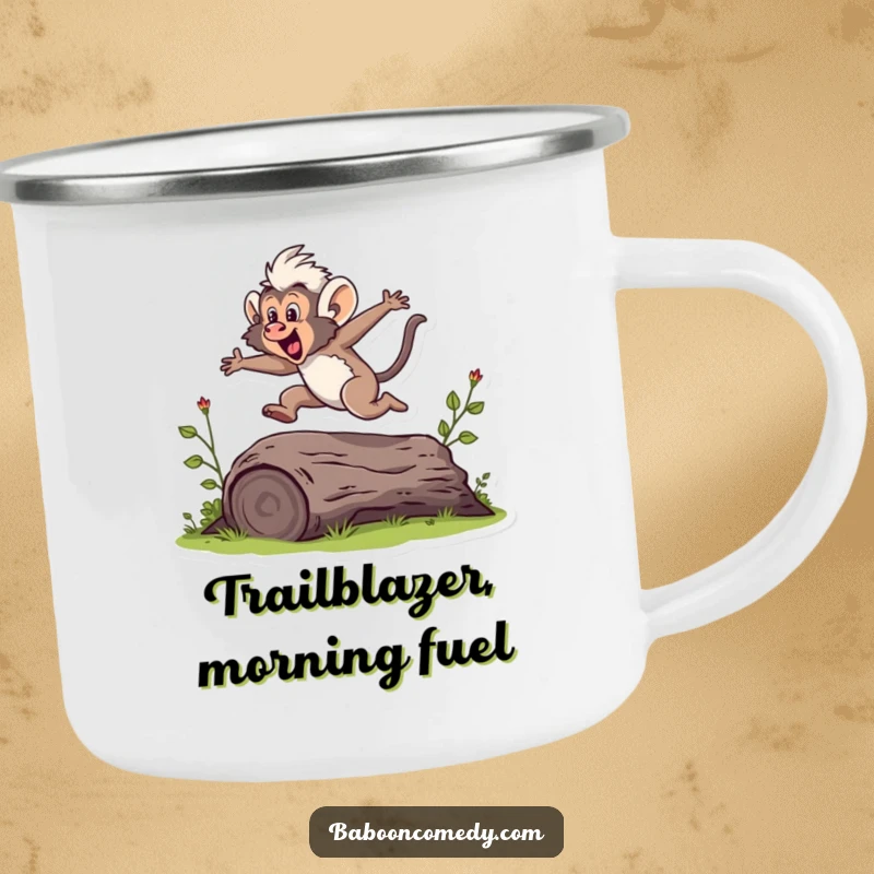 Funny camping mug featuring a baboon mid-jump over a log, perfect for fueling outdoor adventures with humor.