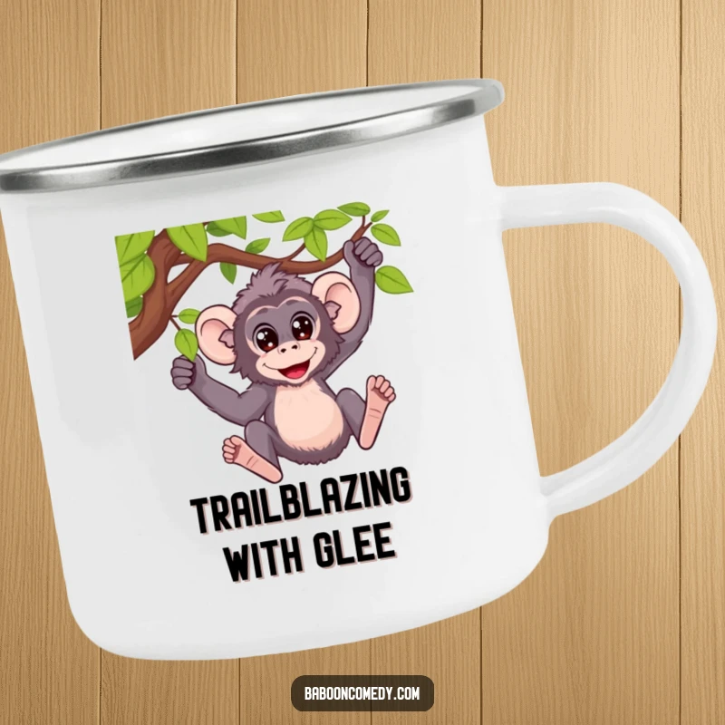 Funny camping mug depicting a baboon with wide, excited eyes swinging from a vine, ready for rugged adventures.