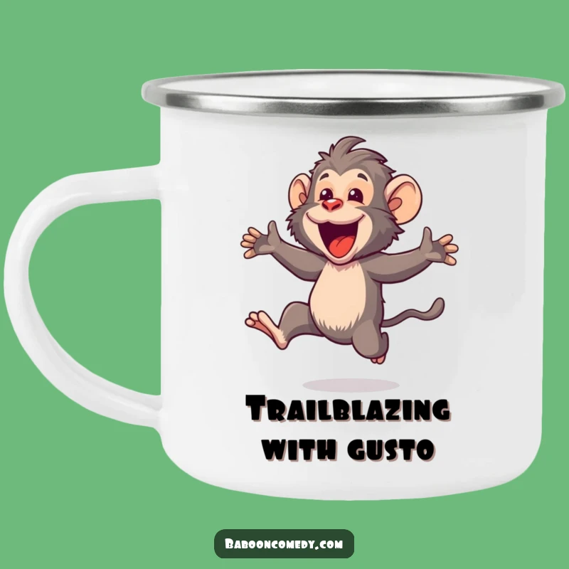 Funny Kawaii Baboon Leaping Camping Mug: Adventure with Joyful Energy