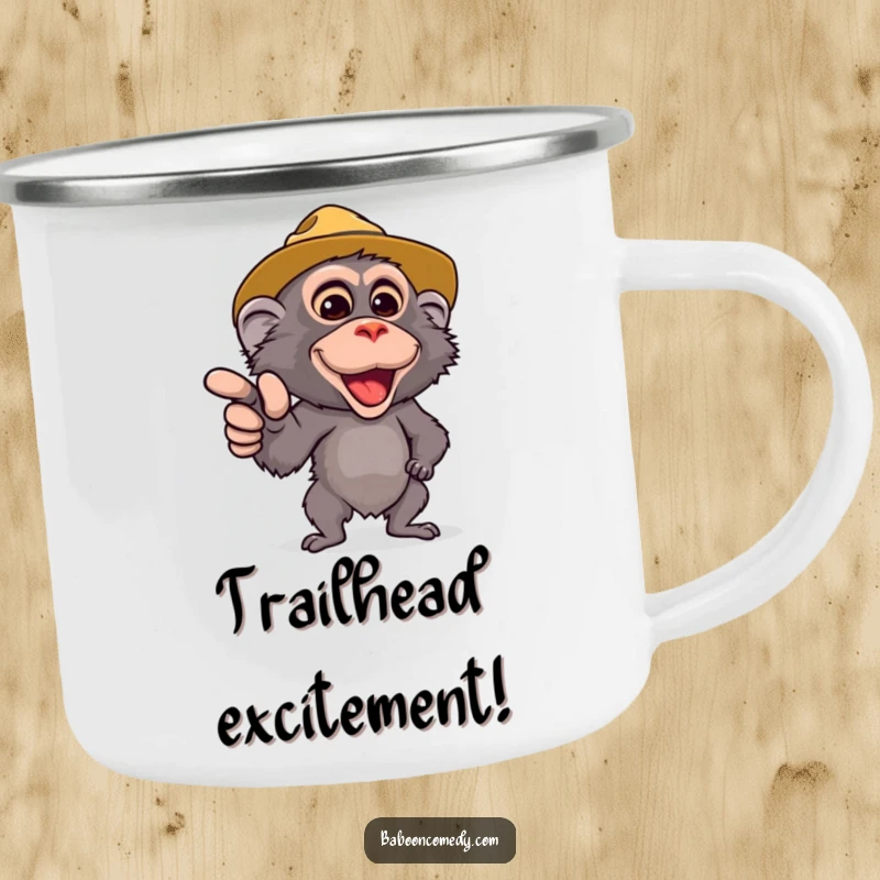 Funny Safari Baboon Camping Mug: A cute baboon in a safari hat points forward. Durable, portable, and hilariously fun for outdoor trips.