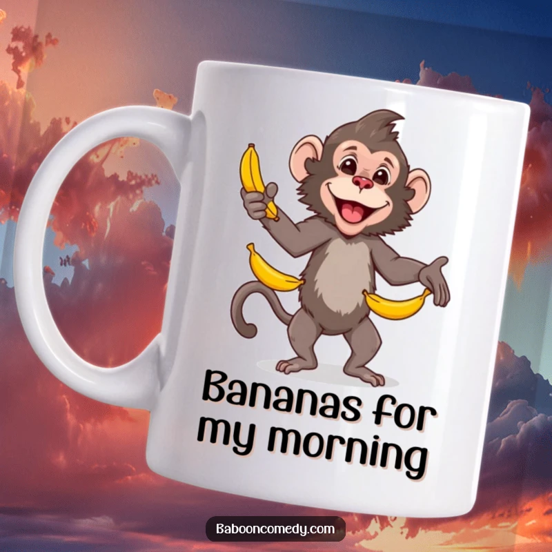 Funny baboon mug, a skilled primate expertly juggling a pile of yellow bananas with a happy expression, showcasing impressive juggling abilities.