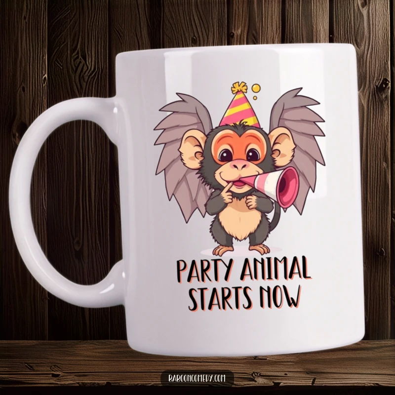Funny baboon mug with party hat blowing a noisemaker, capturing pure celebratory joy and making it a perfect funny gift.