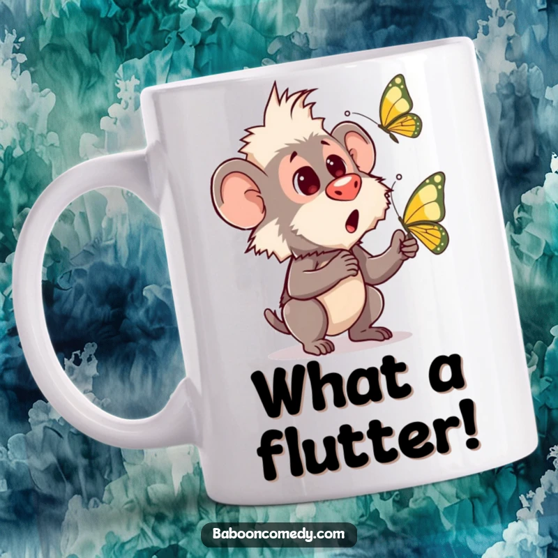Funny mug showing a baboon with wide eyes, looking completely surprised by a delicate butterfly fluttering nearby.