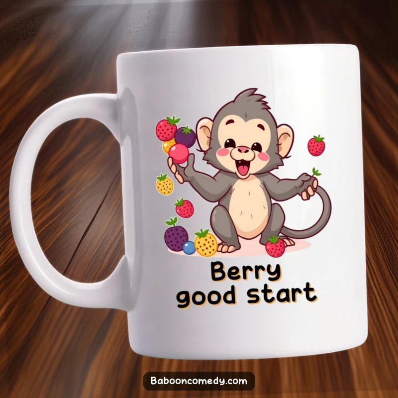 Funny kawaii baboon mug, a playful primate expertly juggling vibrant berries with its agile tail, showcasing delightful mischief.