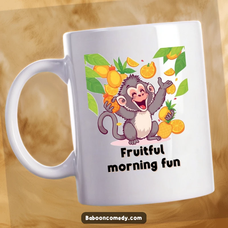 Funny kawaii baboon gleefully tossing colorful tropical fruits in the air and catching them with a joyful, energetic expression.