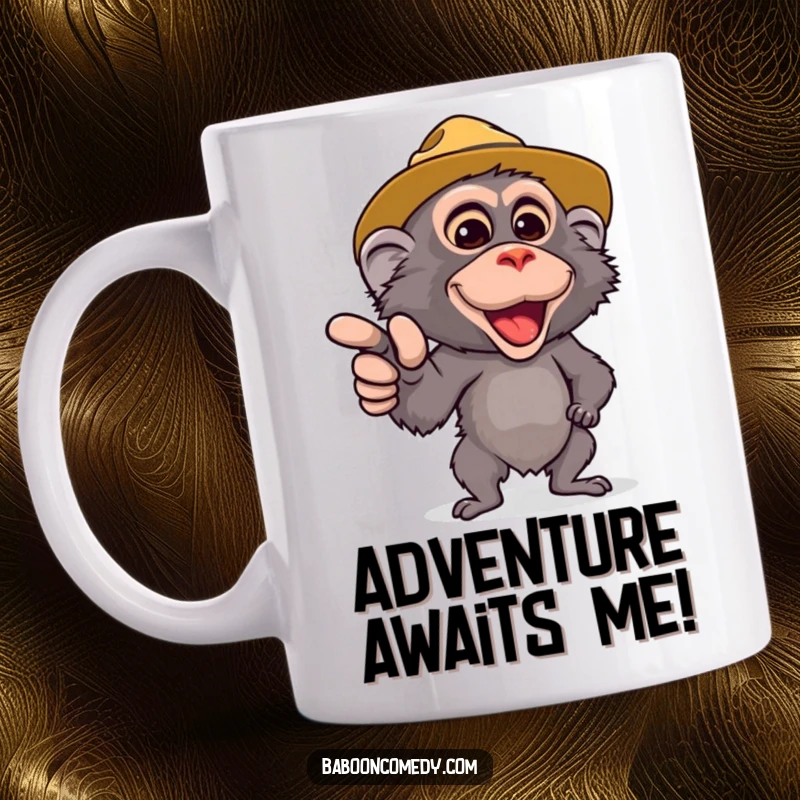 Funny Safari Baboon Mug: A cute baboon in a safari hat excitedly pointing forward, ready for adventure. A hilariously cheerful character.