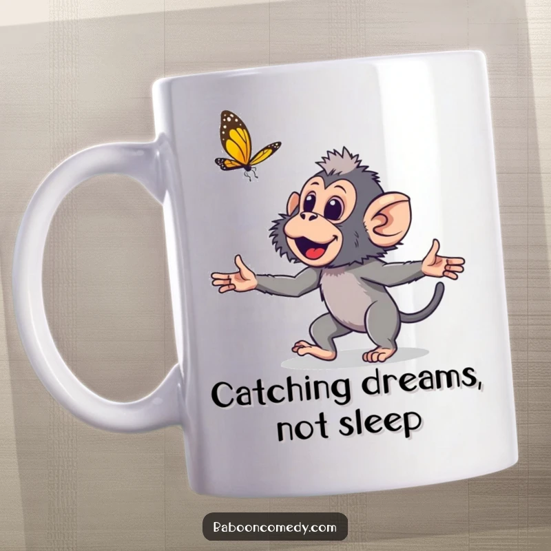 Funny young baboon mug, a cute primate with outstretched hands playfully chasing a colorful butterfly in a whimsical scene.