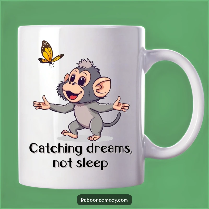 Funny Young Baboon Butterfly Chase Mug: Playful Primate Gift for Joyful Mornings