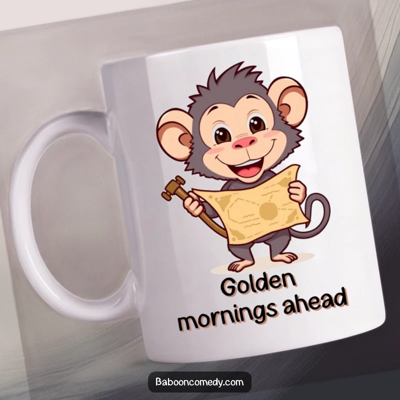 Funny baboon mug holding a treasure map with a mischievous grin, symbolizing adventure and making a great funny gift.