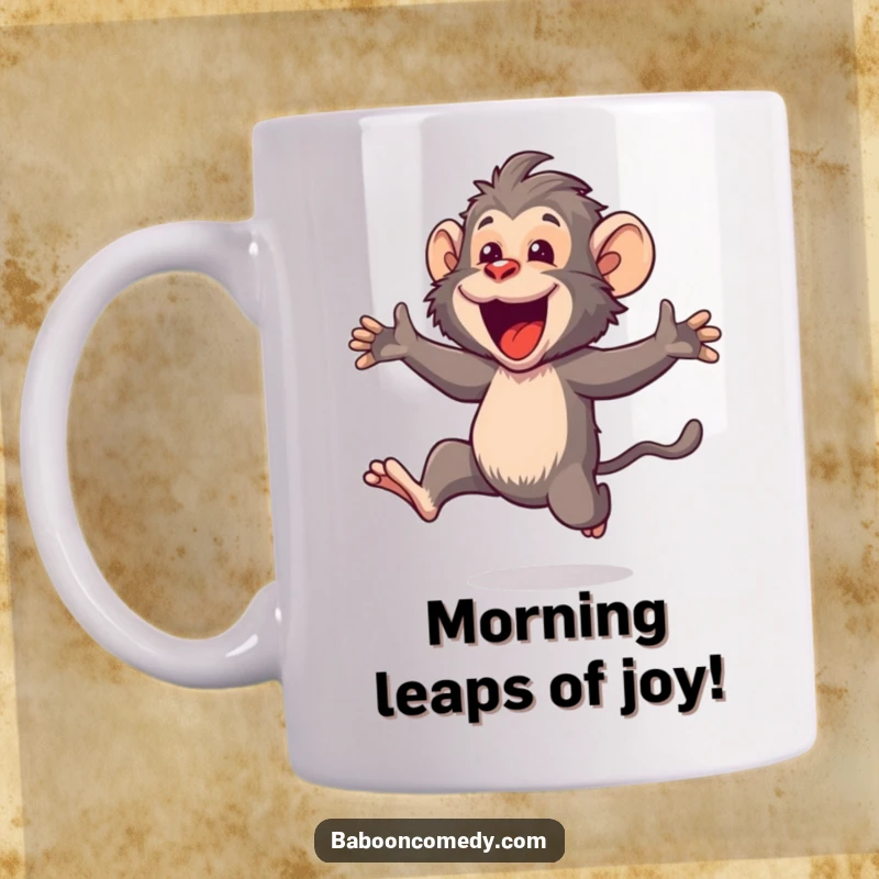 Funny Kawaii baboon mug, gleefully leaping forward with its mouth wide open in pure, unadulterated joy and excitement.