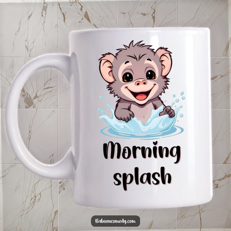 Funny kawaii baboon mug graphic of a happy primate splashing water with a wide, joyful smile.