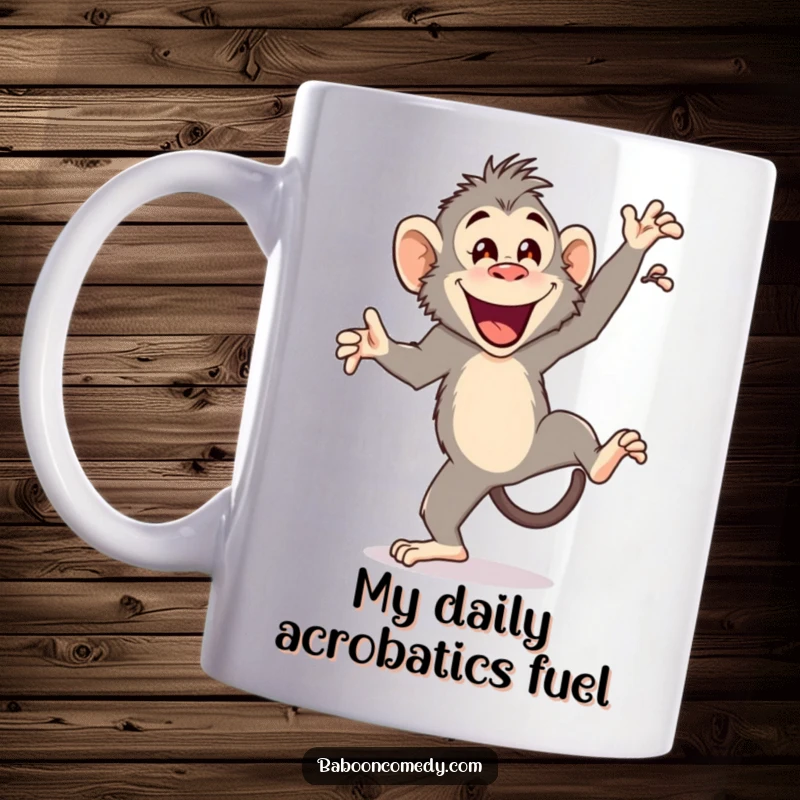 Funny mug featuring a joyful baboon character mid-cartwheel, arms flailing happily, showcasing energetic and acrobatic primate humor.