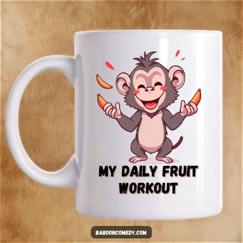 Funny mug featuring an amused baboon character skillfully juggling several bright red bananas with a look of pure concentration and delight.