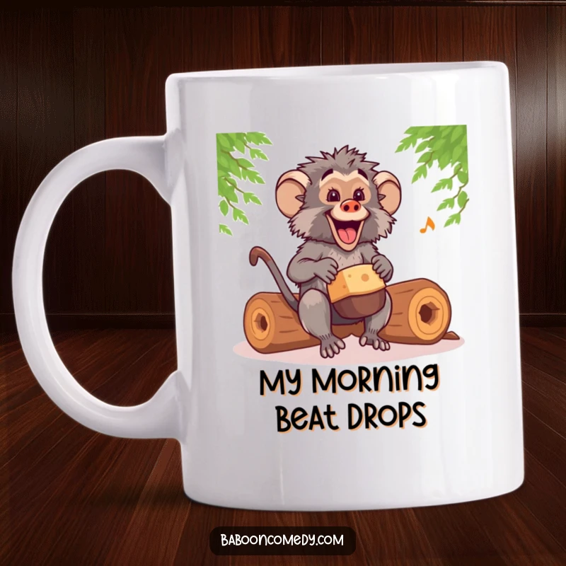 Funny kawaii baboon enthusiastically drumming on hollow logs with a happy, rhythmic tempo, perfect for music lovers.