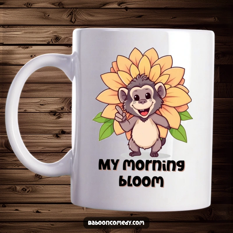 Funny mug showing a happy baboon proudly pointing at a giant, vibrant, blooming flower, celebrating natural beauty.
