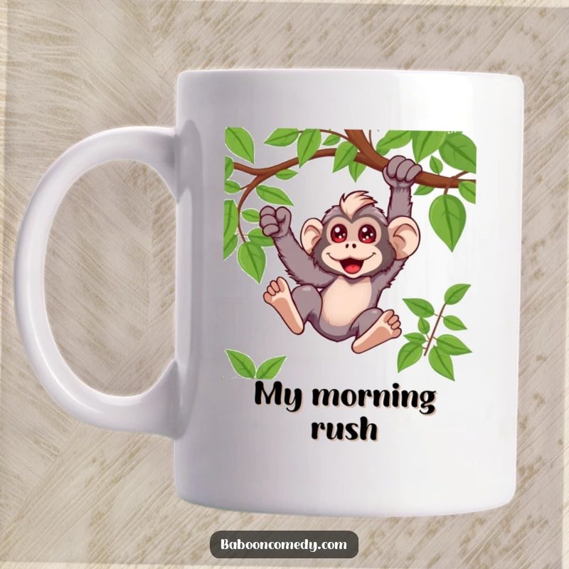 Funny kawaii baboon mug graphic of an energetic primate swinging wildly from a vine with wide, excited eyes.