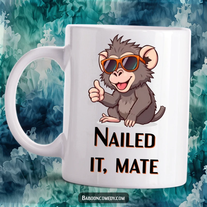 Funny mug featuring a cute baboon in sunglasses, confidently giving a thumbs up, exuding cool and happy vibes.