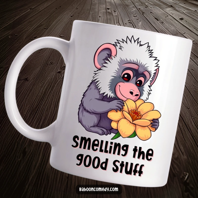 Funny kawaii baboon gently smiling while curiously examining a large, vibrant, colorful flower, showcasing a sweet and funny nature.