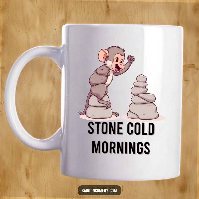 Funny mug showcasing a playful baboon carefully building a tall tower of large, round stones, depicting focus and fun.