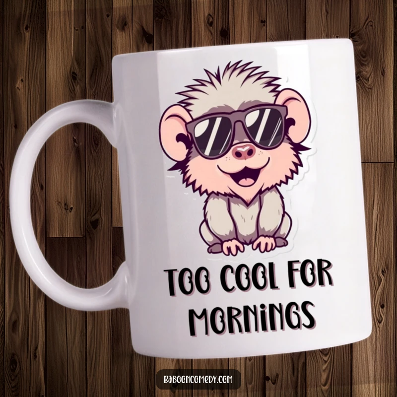 Funny Kawaii Baboon Mug featuring a cool baboon wearing sunglasses, exuding effortless chill and humor.
