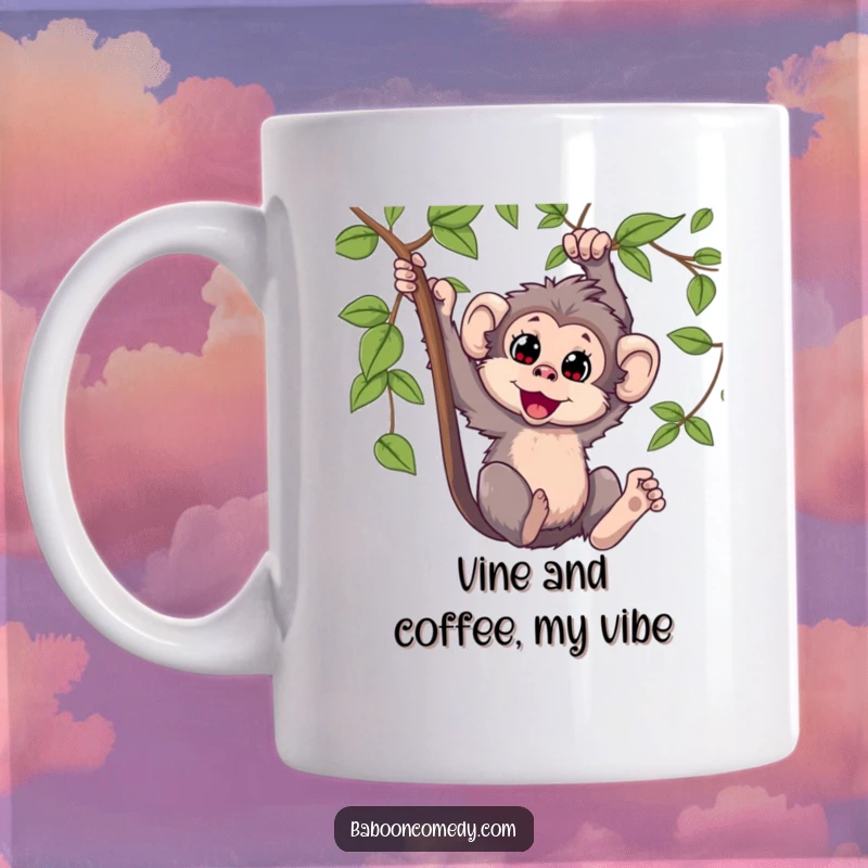 Funny Kawaii baboon mug, gleefully swinging high from a jungle vine with wide, delighted eyes, exuding pure joy and playful energy.