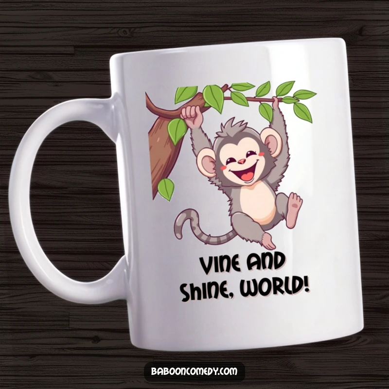 Funny kawaii baboon mug, a cheerful primate swinging from a vine with a huge, infectious grin, spreading joy and laughter.