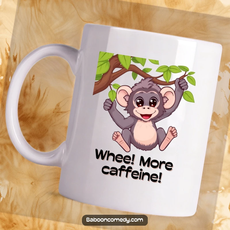 Funny mug showcasing a baboon with wide, excited eyes joyfully swinging from a vine, full of energy.