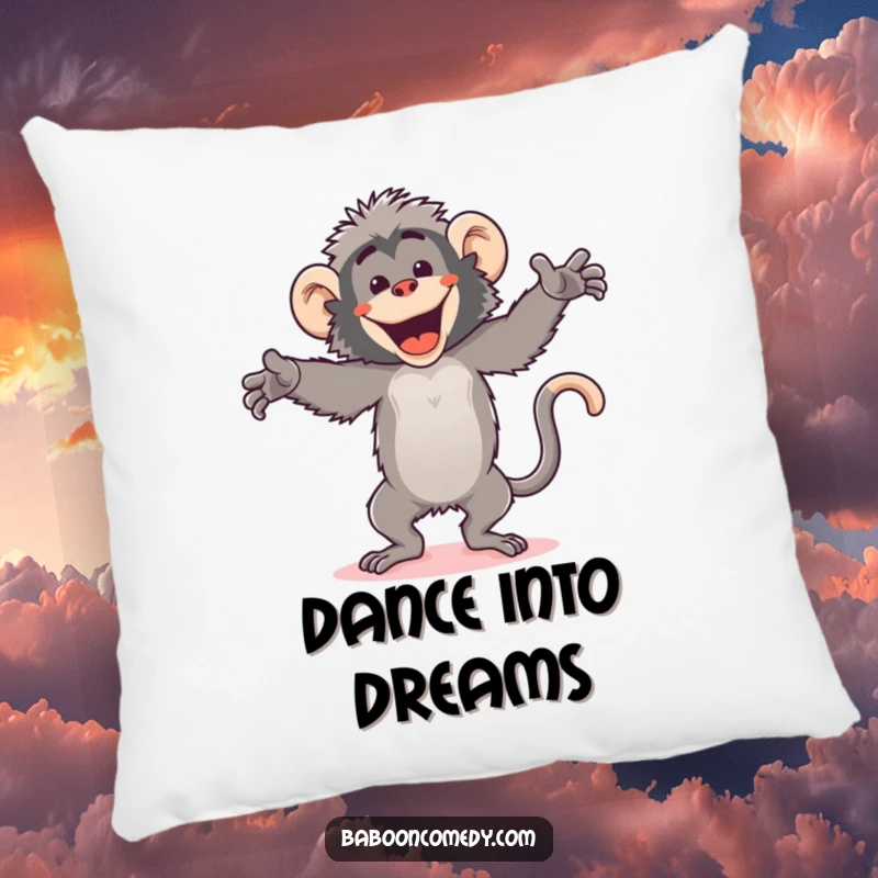 Funny kawaii baboon dance pillow, resting after a silly dance, still smiling and full of energetic joy.