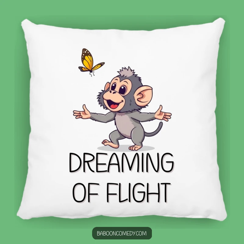Funny Young Baboon Pillow: Cozy Primate Butterfly Chase Comfort and Charm