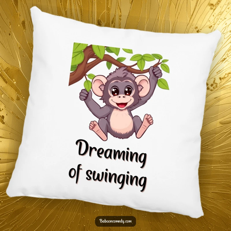 Funny pillow featuring a baboon with wide, amazed eyes swinging happily from a vine, perfect for comfort.