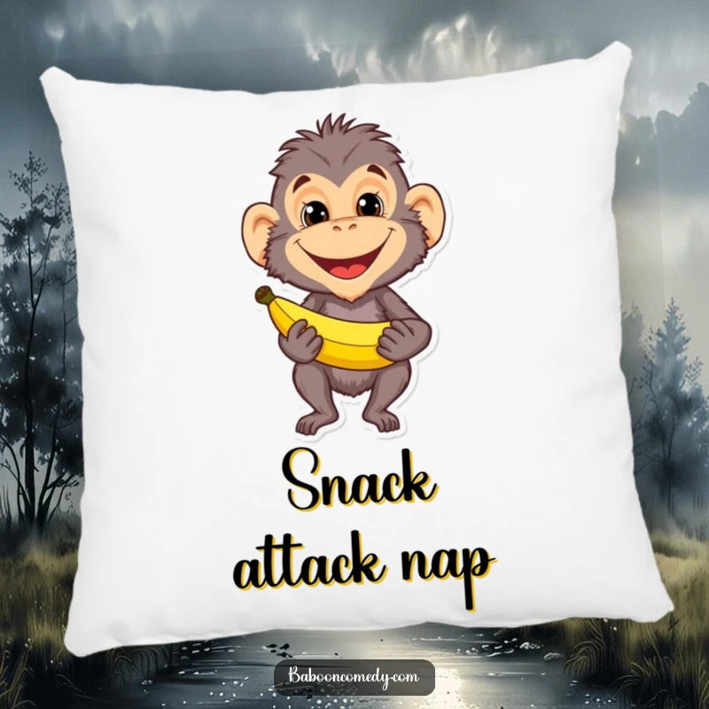 Funny baboon character with a mischievous grin and a banana, featured on a soft pillow. Adds comfort and humor to any room.