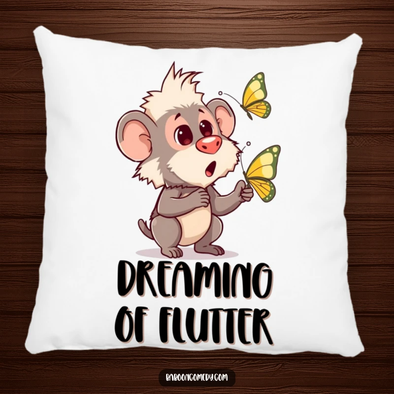 Funny pillow featuring a baboon looking comically surprised by a butterfly floating gently near its face, adding charm.