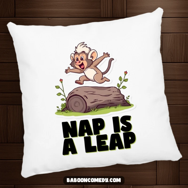 Funny pillow depicting a baboon in a dynamic leap over a log, bringing energy and playfulness to home decor.