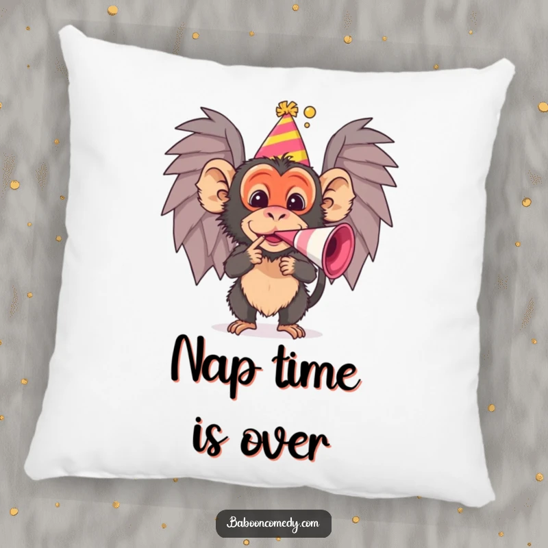 Funny baboon pillow showing a character in a party hat with a noisemaker, a cuddly and humorous funny gift.