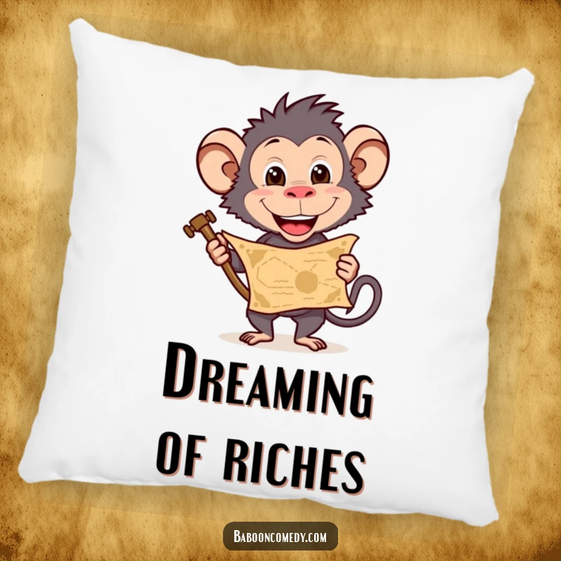 Funny baboon pillow with a treasure map motif and a grinning character, adding comfort and adventure, a fun funny gift.