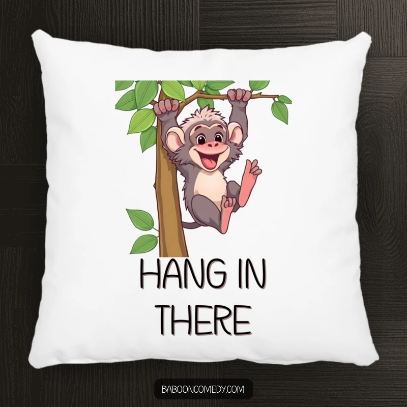 Funny baboon character swinging from a vine, featured on a soft and decorative pillow. Adds comfort and humor to sofas and beds.
