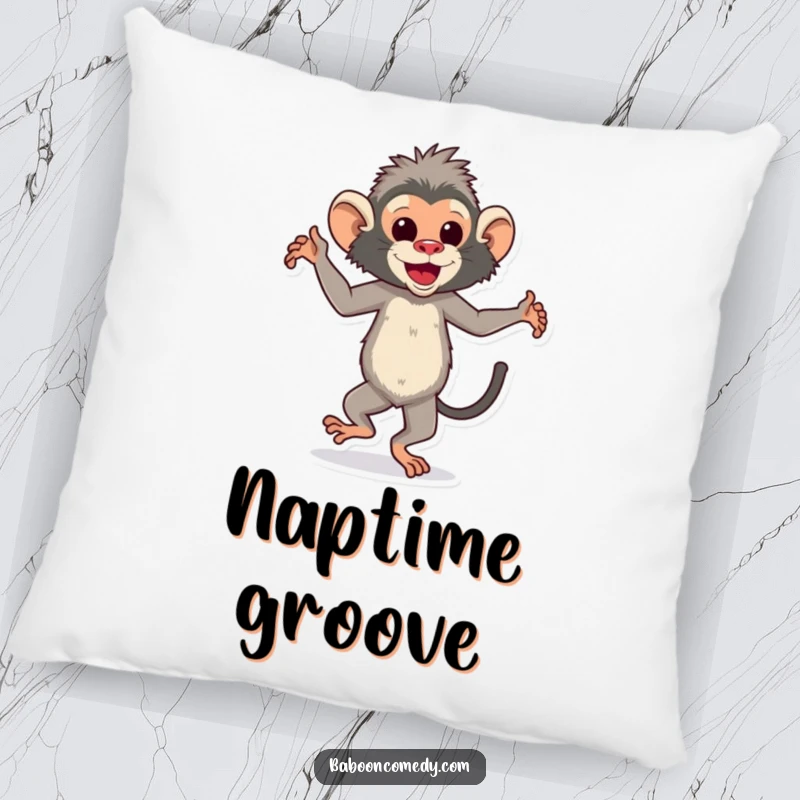 Funny dancing baboon pillow featuring a happy ape grooving to a beat, perfect for adding comfort and humor.