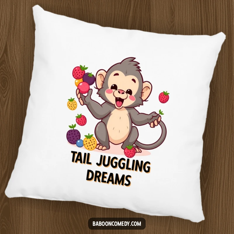 Funny kawaii baboon pillow, a playful primate juggling a bounty of colorful berries with its tail, adding soft, humorous comfort.