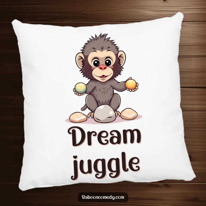 Funny kawaii baboon pillow graphic of a primate juggling pebbles, soft and perfect for a cozy break.