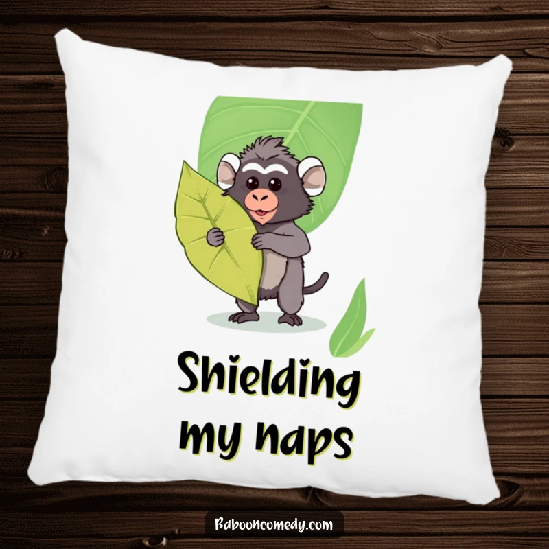 Funny Kawaii Baboon Pillow: Soft cushion with a cute baboon posing defensively with a large leaf, perfect for plush comfort.
