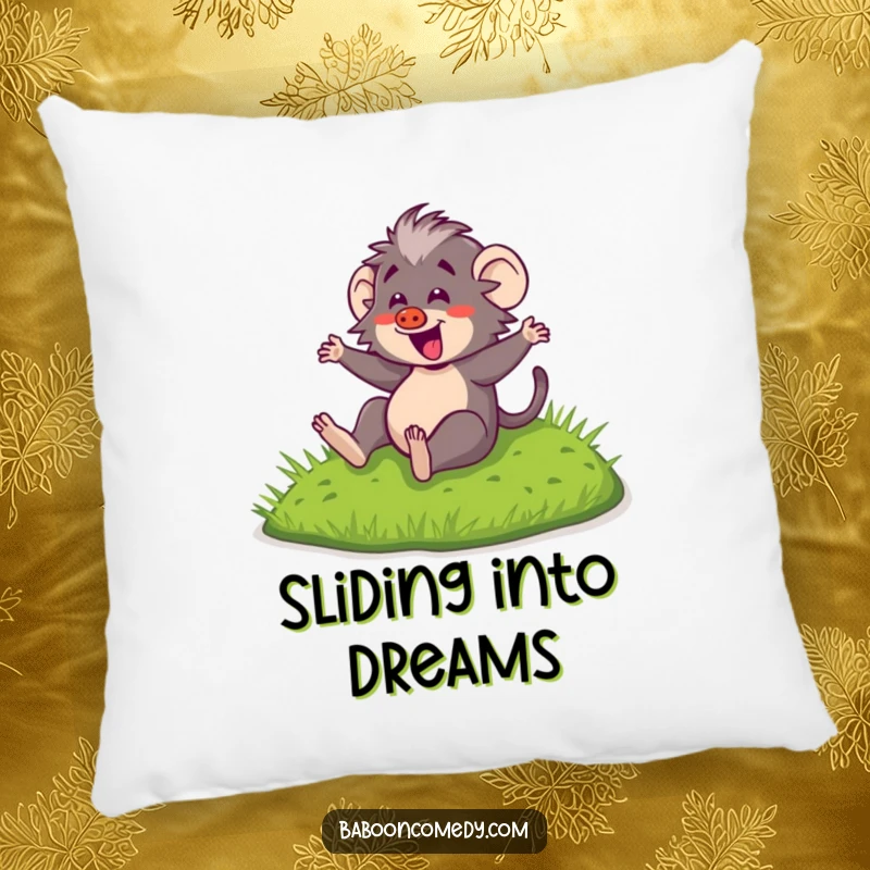 Funny Kawaii Baboon Pillow: Soft cushion featuring a kawaii baboon gleefully sliding down a grassy hill, adding comfort and joy.