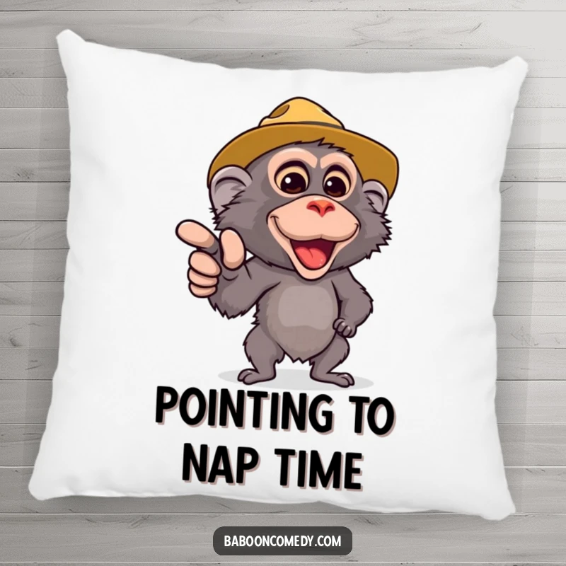 Funny Safari Baboon Pillow: A cute baboon in a safari hat points excitedly. Soft, comfortable, and full of jungle humor.
