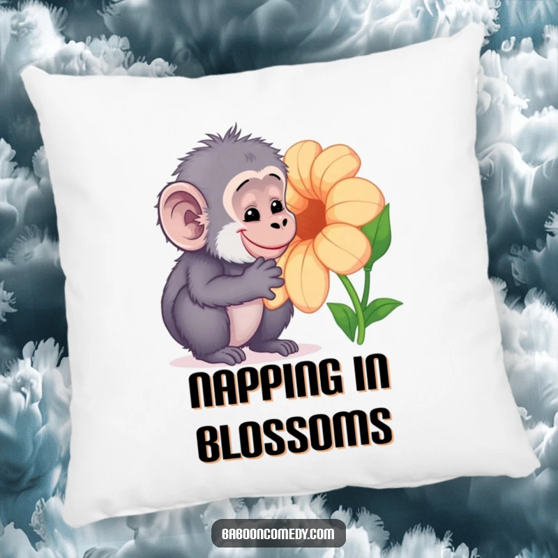 Funny Kawaii baboon pillow, depicting a curious primate gently examining a large, colorful flower with a soft, happy smile, adding comfort.
