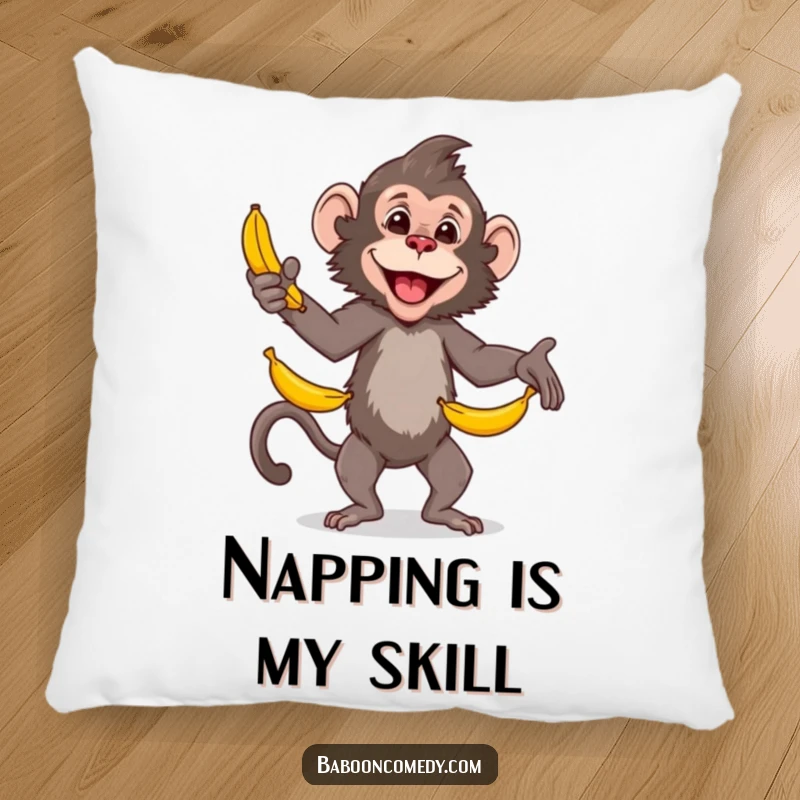 Funny baboon pillow, a happy primate skillfully juggling bananas, providing comfort and a humorous touch to any cozy space.