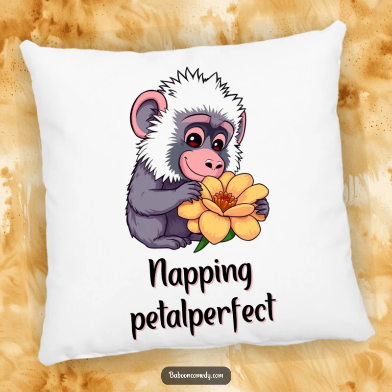 Funny kawaii baboon flower pillow, resting peacefully with a gentle smile near a colorful bloom, soft and funny.