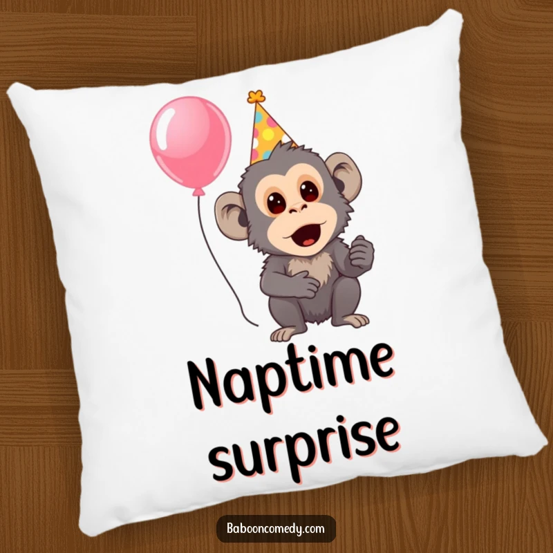 Funny pillow featuring a surprised baboon in a party hat with a balloon, a soft and festive decorative item.
