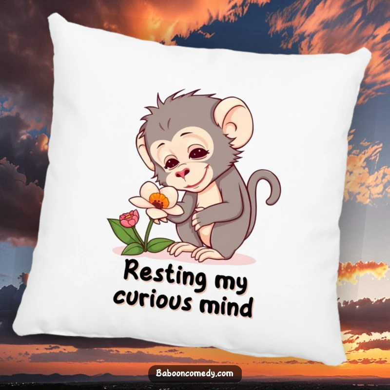 Funny pillow featuring a baboon with wide, delighted eyes curiously inspecting a unique and colorful flower.