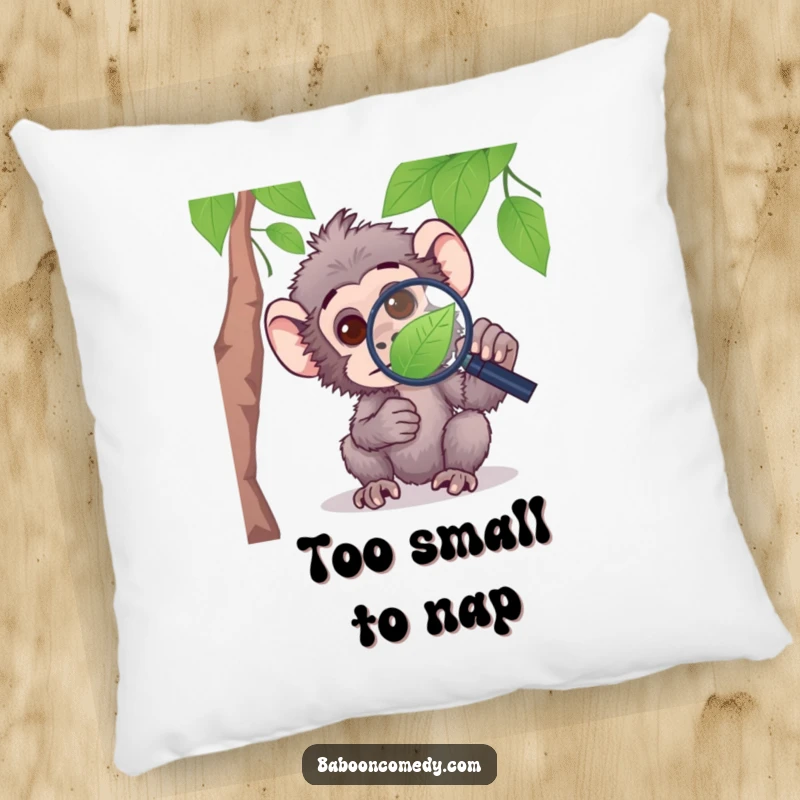 Funny pillow featuring a curious baboon peering through a magnifying glass at a leaf, offering comfort and contemplation.