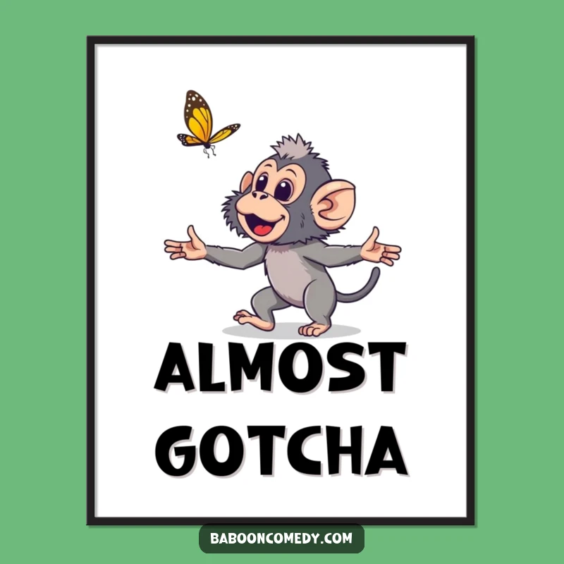 Funny Young Baboon Digital Art: Playful Primate Butterfly Chase Instant Print