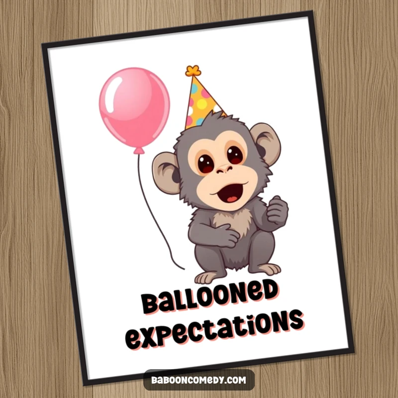Funny digital art print of a surprised baboon in a party hat holding a balloon, capturing a moment of festive surprise.